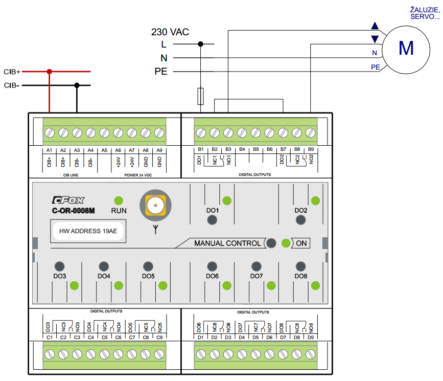 Obr. 4.3: Příklad zapojení ovládání motoru rolety modulem C-OR-0008M [19] 4.3.4 Zabezpečení Zabezpečení domu bych rozdělil na dvě části: zabezpečení proti vykradení a zabezpečení proti požáru.