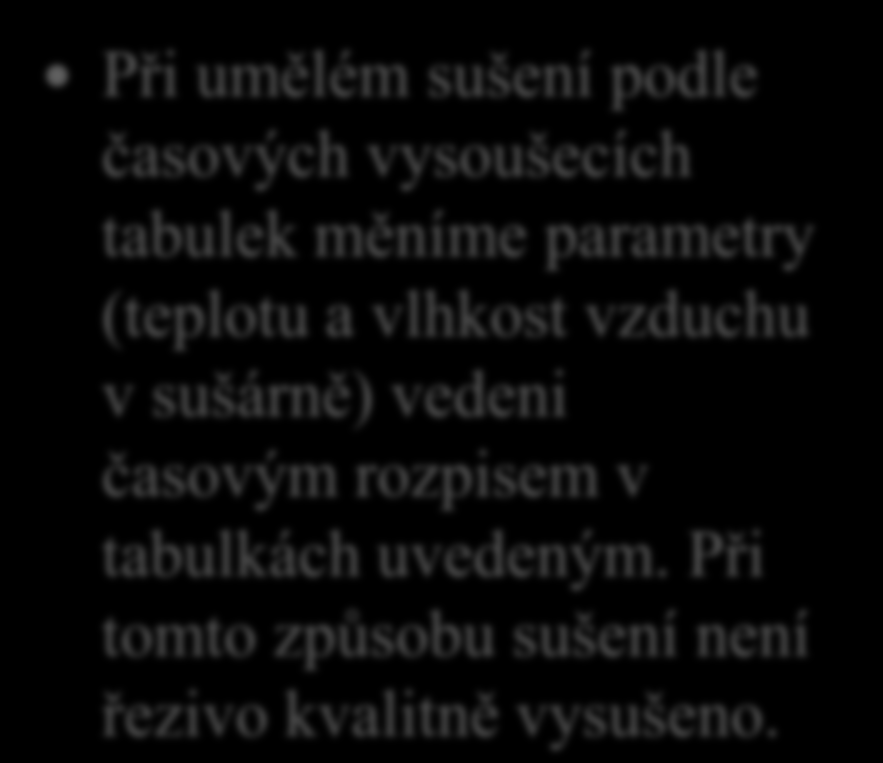 16. Jak se řídí vysoušecí režim v sušárně podle časových tabulek a jaký je výsledek sušení tímto způsobem?