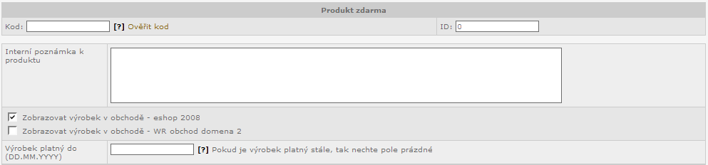 Obrázek 57 - vložení/editace produktu, část 7 Produkt zdarma k produktu můžete přiřadit další produkt jako dárek zdarma. Při koupi produktu pak zákazník dostane další produkt zdarma.