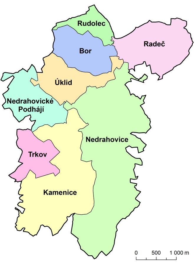 Správní území obce je rozděleno do osmi místních částí - Bor, Kamenice, Nedrahovice, Nedrahovické Podhájí, Radeč, Rudolec, Trkov a Úklid. Obr.