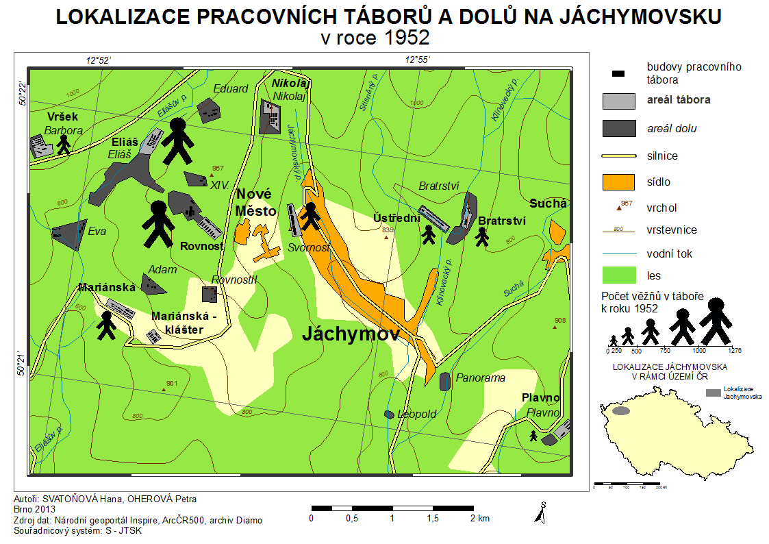 existuje jediné nápravné zařízení Bytíz na Příbramsku, ze kterého jsou vězni nasazováni v uranovém průmyslu. Rozmístění pracovních táborů na Jáchymovsku v roce 1952 ukazuje mapa na obr. 1. Obr.