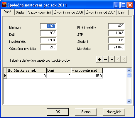 Syslík PX 113 Záložka Sazby Záložka Sazby - pojištění Záložka Životní minimum do 2006 Záložka Životní minimum od 2007 Zde jsou další důležité konstanty používané při běhu programu.