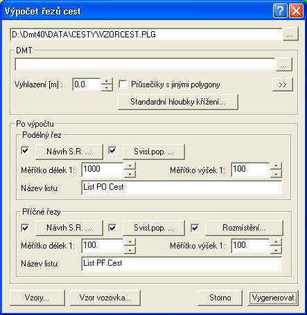 Dialog výpočet řezů cest: Veškeré parametry, které zde uživatel nastaví, se projeví až po vygenerování grafických objektů (řezů, směrových a sklonových poměrů, popisů, ), kde poslouží pro návrh výšky