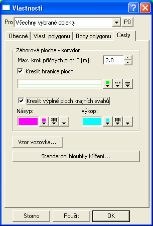 Dialogy grafických objektů Vlastnosti polygonu osy vozovky Tento dialog patří k objektu polygonu vedeného osou vozovky, která se vkládá na objekt nebo podobjekty půdorysu z menu Kanalizace - Vložení