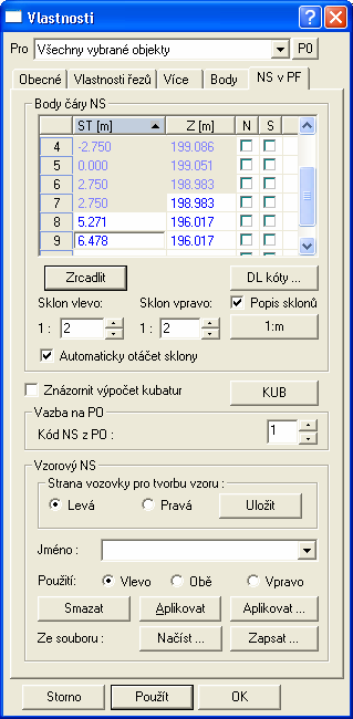 Dialog vlastností se dělí na 3 části. V první části dialogu lze nastavit body čáry nového stavu (NS) zadáním Staničení a výšek (Z) lomových bodů NS.