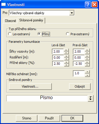 Vlastnosti Sklonových poměrů Dialog slouží k nastavení parametrů schématu sklonových poměrů v daném staničení.