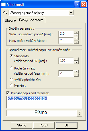 Vlastnosti Popisu Parametry popisu lze zadat pomocí dialogu při vkládání nebo při modifikaci v průběhu interaktivní editace. Dialog se dělí na tři části.