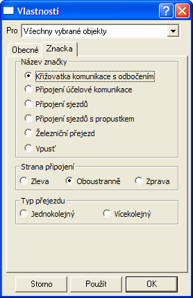 Vlastnosti Značky Pro objekt značky lze nastavit v první části dialogu jeho grafická podoba. Jejich vzhled byl převzat z ČSN 013466 Výkresy inženýrských staveb - Výkresy pozemních komunikací.