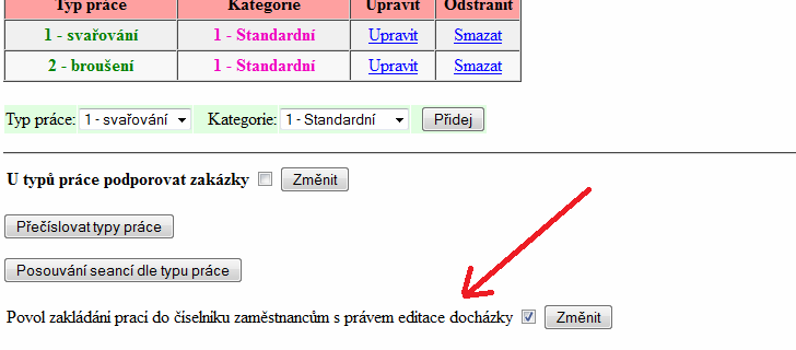 Od verze 6.67 přibyla v přibyla rovněž možnost, aby číselník typů prací mohli novými pracemi doplňovat sami zaměstnanci, respektive ti, kteří mají právo editace docházky.