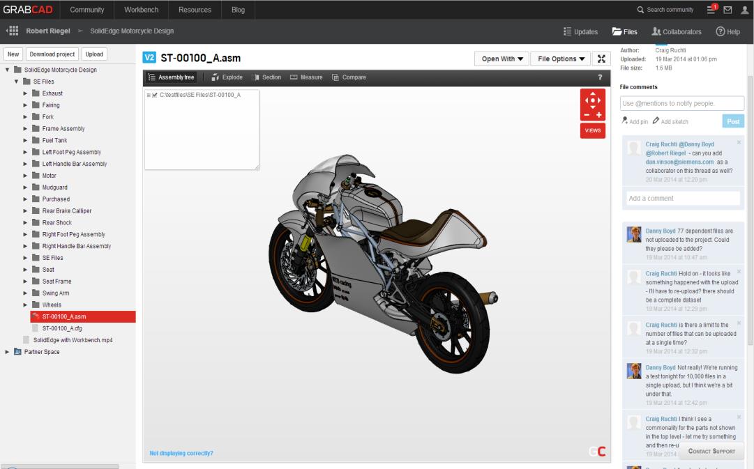 Podpora GrabCAD GrabCAD umožňuje připojení, nahrávání dat a spolupráci založenou na Cloudu, pro prohlížení s úpravy Solid Edge dokumentů Pomocí vestavěného