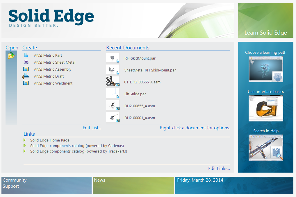 Přepracovaná úvodní stránka Úvodní stránka Solid Edge byla přepracována, aby umožnila najít informace, které potřebujete