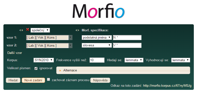 5.4 Morfio Aplikace Morfio využívá pouze psané korpusy ČNK, a to k vyhledávání morfologických vztahů mezi jednotkami korpusu.