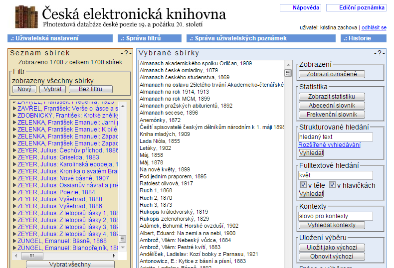 8. Využití ČEK a KČV 8.1 ČEK Česká elektronická knihovna (ČEK) poslouží přihlášeným studentům především k samostatné četbě a vlastním rozborům básní. Texty sbírek je možné pro nekomerční účely (naoř.