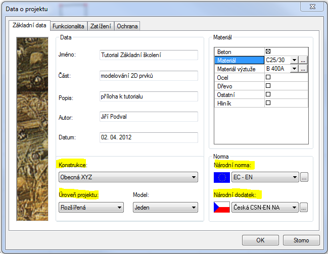 Otevřete nový projekt typu Konstrukce bez výpočtu (případně Konstrukce s výpočtem kvůli kapitole číslo 6) Zadejte základní data o projektu,
