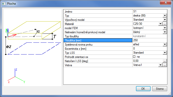 V servisu Konstrukce najděte funkci pro zadání desky a dvojklikem zahajte zadávání nové entity: Ve vlastnostech desky změňte tloušťku desky na 250mm a dialog zavřete kliknutím na tlačítko OK.