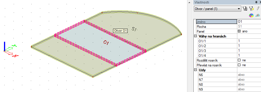 Oblast v otvoru nemusí být nutně vymazána, může být také převedena na panel, který bude přenášet zatížení ze své plochy na jednotlivé hrany (v uživatelem zvoleném poměru).