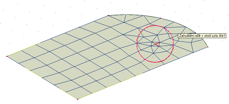 Následně můžeme z hlavního menu, kapitola Výpočet, síť, spustit funkci pro zahuštění sítě V okolí bodu U hrany ploch Plošné zjemnění Zvolíme Zjemnění sítě v okolí bodu a dvojklikem otevřeme okno s