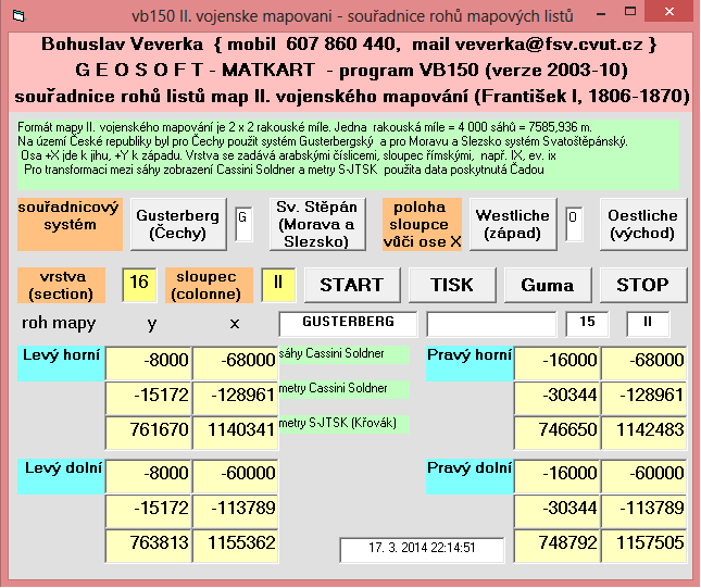 Obr. 17 Výpočet souřadnic rohů mapových listů v program Matkart VB150 [11] 6.3.2.2 Mapy prvního vydání SMO-5 Mapy SMO-5 byly georeferencovány pomocí rohů mapových listů.