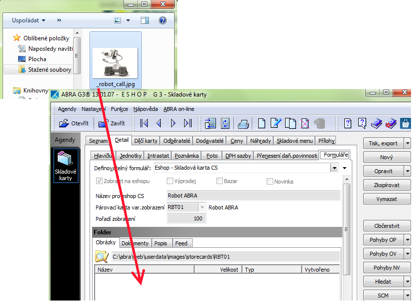 1.2 DOPLŇTE OBRÁZKY KE SKLADOVÉ KARTĚ Po zatržení příznaku Zobrazit na e-shopu a uložení skladové karty, dojde k automatickému založení tzv. folderů.