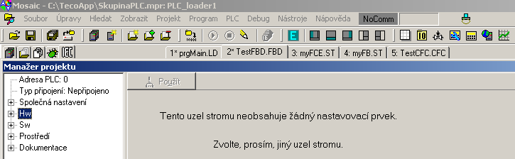 ZAČÍNÁME V PROSTŘEDÍ MOSAIC 5. MANAŽER PROJEKTU (Project Manager) Je určen pro definování typu PLC, jeho sestavení a nastavení funkcí jednotlivých modulů PLC.