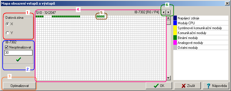ZAČÍNÁME V PROSTŘEDÍ MOSAIC Obr. 35. Nástroj mapa obsazení V/V - vstupy 1. Volba zóny vstupů, nebo výstupů 2. Pole pro přiřazení absolutní pozice periferního modulu 3.