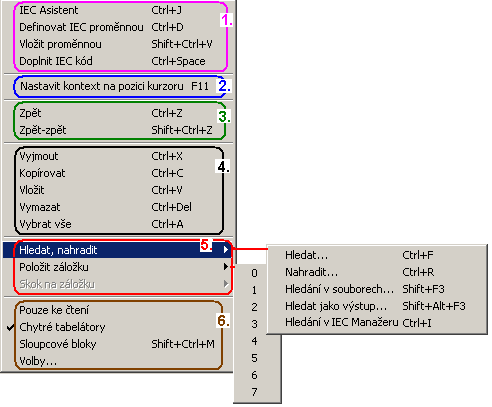 8.TEXTOVÉ EDITORY 8.1.2 Lokální menu v okně Textový editor ST Stisknutím pravého tlačítka myši v okně Textový editor se zobrazí lokální menu. Obr. 48. Lokální menu v textovém editoru 1.