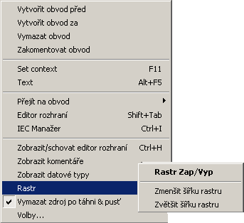 9.GRAFICKÉ EDITORY Obr. 65. Lokální menu v ploše editoru LD 9.1.6 Klávesové zkratky v ploše editoru LD V okně LD editoru je možné pracovat také pomocí klávesových zkratek.