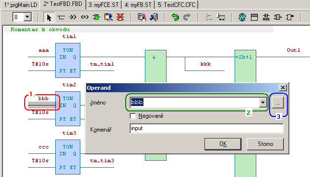 9.GRAFICKÉ EDITORY 9.2.2 Editace operandu Obr. 68. Příklad dialogu pro editaci operandu ve FBD 1. Dvojklik myší na signál se otevře dialog pro doplnění jména operandu. 2. Je možné napsat přímo jméno.