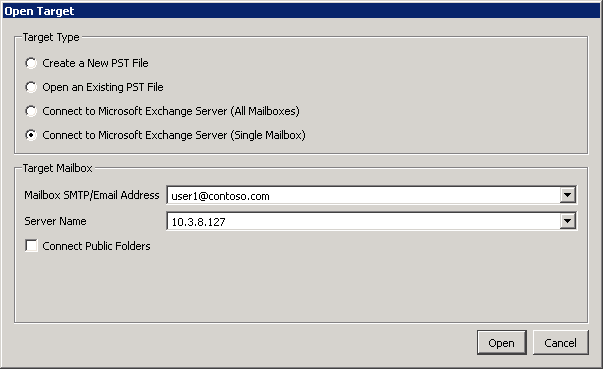 2. Vyberte možnost Microsoft Exchange Server (jedna poštovní schránka). 3. Zadejte název cílového protokolu SMTP / e-mailové adresy. 4. Zadejte název serveru (nebo IP adresu). 5.
