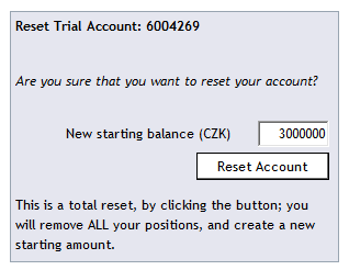 Obrázek 7.1: Čistý účet demo Obrázek 7.2: Dialog Reset účtu Menu: Účet Přehled účtu. Dolní část Otevřené pozice je duplicitou dialogu Otevřené pozice. **** Potřebujete pomoc?