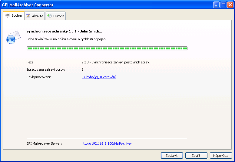 3. Sledování nástroje Outlook Connector Chcete-li monitorovat průběh synchronizace: Microsoft Outlook 2000/3/7: Klikněte na panel nástrojů GFI MailArchiver a z rozevíracího seznamu vyberte položku