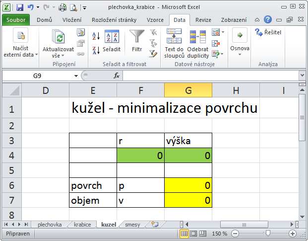 Obr. 101 Model programu Excel pro výpočet kužele Vzorce v programu Excel, které jsou použity v modelu dle obr.4.