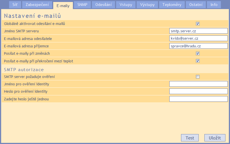 Quido ETH E - m a i l Nastavení odesílání e-mailů při změnách na vstupech a výstupech, případně při překročení zadaných teplotních mezí. Jméno SMTP serveru obr.
