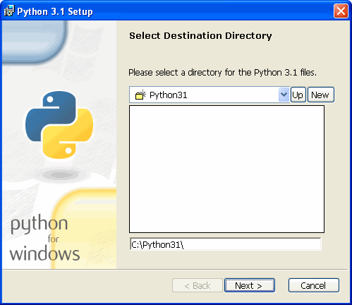Instalátor vás poté vyzve k výběru instalačního adresáře. Pro všechny verze Python 3.1.x je přednastavena hodnota C:\Python31\, která by měla vyhovovat většině uživatelů.