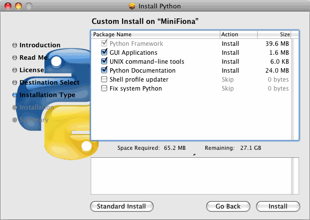 Pokud zvolíte uživatelskou úpravu instalace (Custom Install), nabídne vám instalátor následující seznam: Python Framework. Jde o jádro Pythonu.
