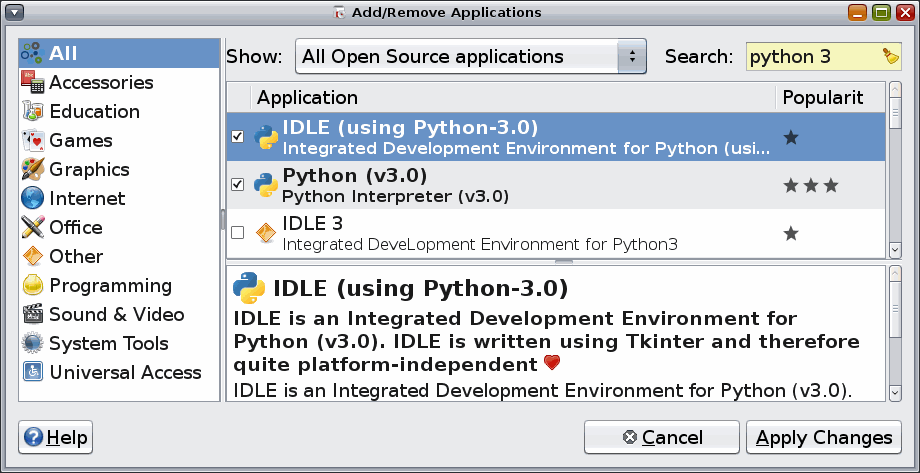 Druhý požadovaný balíček se nachází bezprostředně nad ním: IDLE (using Python-3.0).