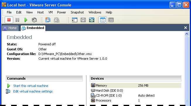 V aplikaci VMware Server Console přibyla další záložka se stejným názvem, jako má virtuální počítač (v našem případě Embedded viz následující obrázek). Obr.