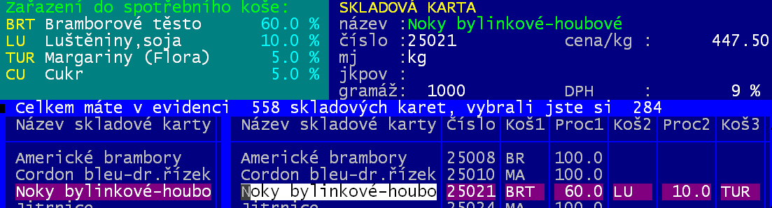 - to má 5 políček pro zadání kódu skupiny SPK a k tomu 5 hodnot pro zadání podílu (procenta) - je-li surovina jen v jedné skupině, je vyplněno jen 1.