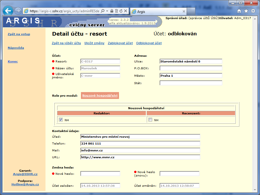 5.2.2 Editace parametrů existujících resortních účtů Parametry vygenerovaných resortních účtů je možné prohlížet a editovat prostřednictvím odkazu Detail účtu.