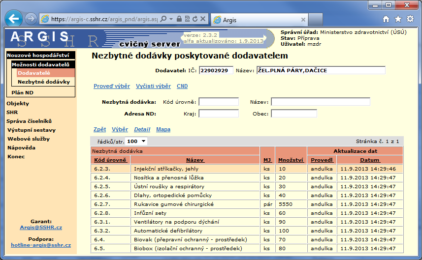 Tisk dat dodavatele pro zobrazeného dodavatele vytvoří tiskovou sestavu, kterou lze zobrazit a vytisknout odkazem Výstupní sestavy z levé svislé lišty.