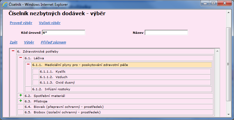 Číselník nezbytných dodávek Odkaz CND ve výběrovém kritériu zobrazí položky nejvyšší úrovně. Pro zadávání nezbytných dodávek slouží pouze položky z koncové úrovně.