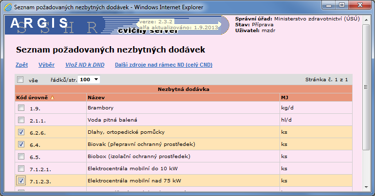 Zde se zobrazí seznam nezbytných dodávek, který jste předtím zobrazovali v tabulce volané odkazem Požadované nezbytné dodávky na levé liště.