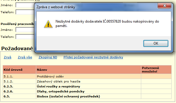 Vybrané nezbytné dodávky se odkazem Vlož ND k DND přiřadí do stránky Návrh dodavatelů Detail do části Požadované nezbytné dodávky. Položky přidané přihlášeným ÚSÚ budou zobrazeny tučně.