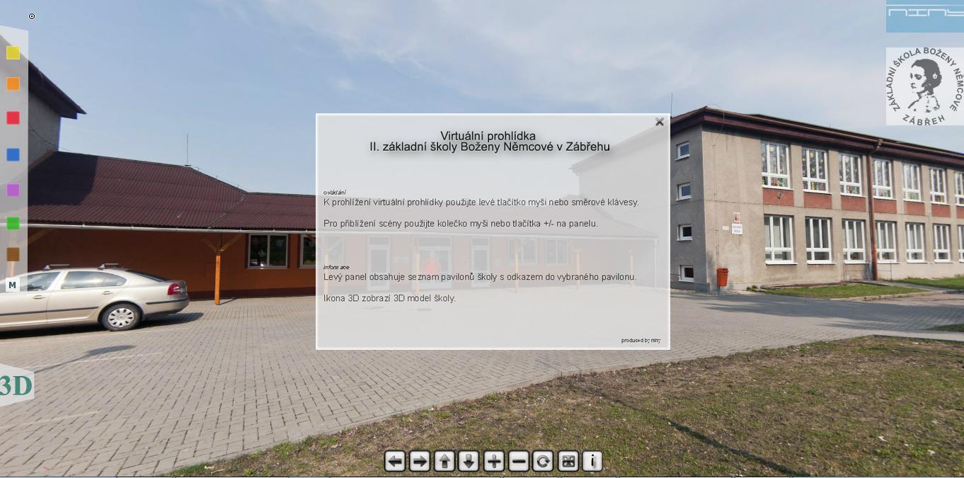 pro přepnutí zobrazení na celou obrazovku. Posledním tlačítkem na hlavním panelu je tlačítko informace, které je zobrazeno ihned po načtení virtuálního průvodce.