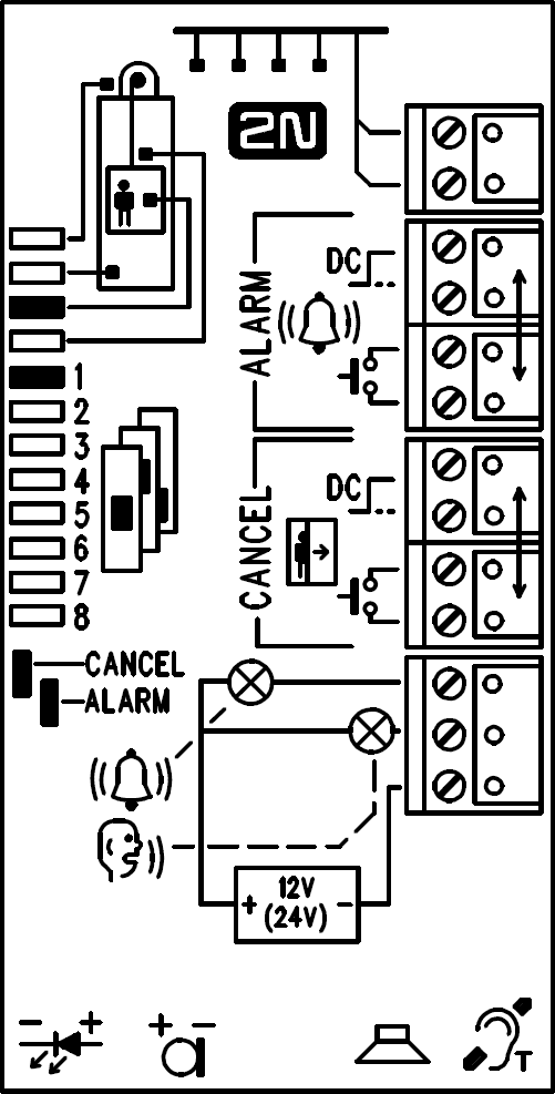 Hláska kabina univerzál 2.2 Nastavení adresy Adresou hlásky se míní nastavení dvou propojek, a sice čísla výtahu (1 až 8) a umístění hlásky (viz potisk na krytu).