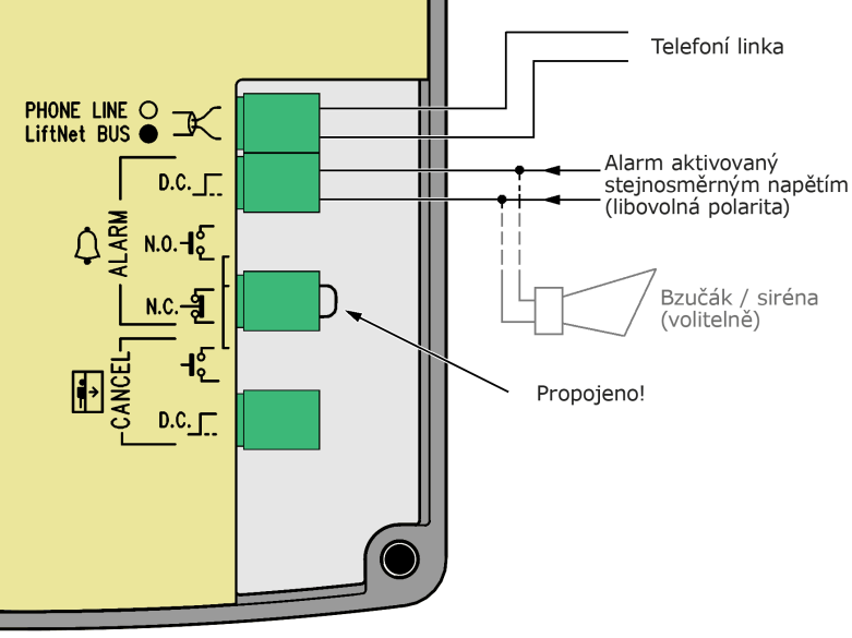 Hláska kabina kompakt 2.3 Zapojení tlačítka ALARM s rozpínacím kontaktem Obrázek 2.