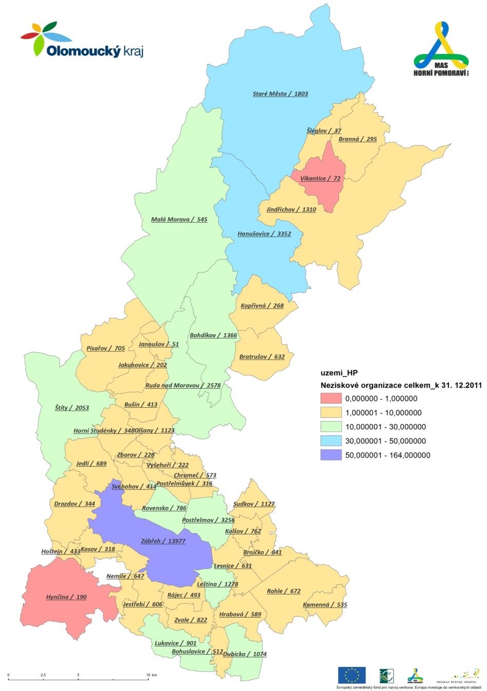 Graf č. 55: Počet NNO v roce 2011 k počtu obyvatel obce či města Legenda: 0 1 neziskových org. 1 10 neziskových org. 10 30 neziskových org. 30 50 neziskových org. 50 164 neziskových org.