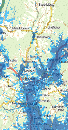 Dostupnost moderní sítě mobilního internetu Pro potřeby této analýzy vycházíme z informací a podkladů Českého telekomunikačního úřadu (ČTÚ) 8 o dostupnosti UMTS 2100 (10 MHz) na území MAS Horní