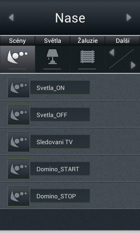 c) Scény Seznam Scény slouží k aktivování uživatelem předdefinovaných scén, jakou jsou například All off, All on, Všechny žaluzie nahoru, Všechny žaluzie dolů atd.