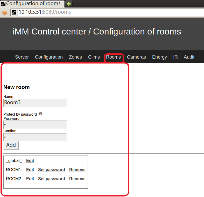 6. Konfigurace rooms Konfigurace prvků se provádí v imm Control Center (dále jen imm CC) na záložce Rooms.